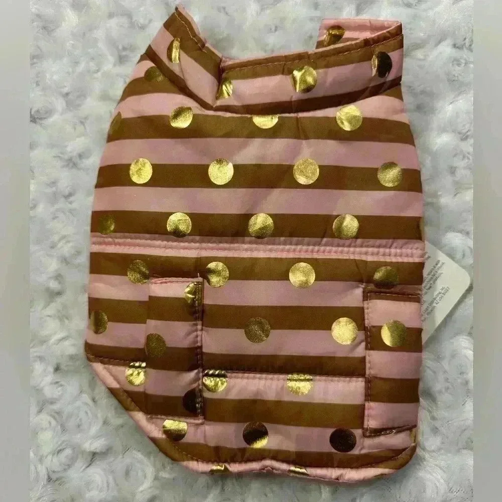 Top Paw Pink Gold Polka Dot Striped Dog Puffer Jacket XS‎
